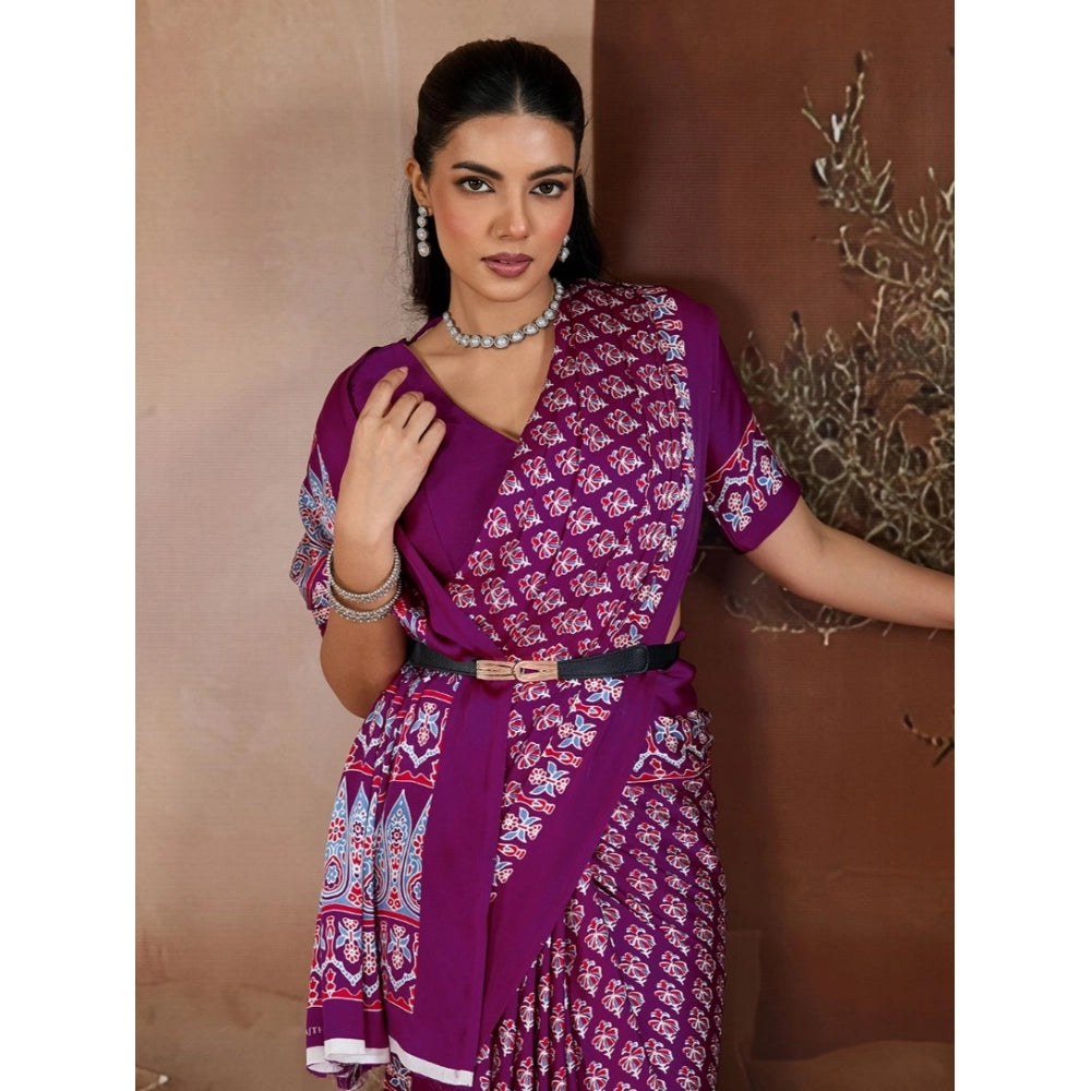 Seduva Women's Satin Crepe Printed Saree With Unstitched Blouse 5.5Mtr (Purple)
