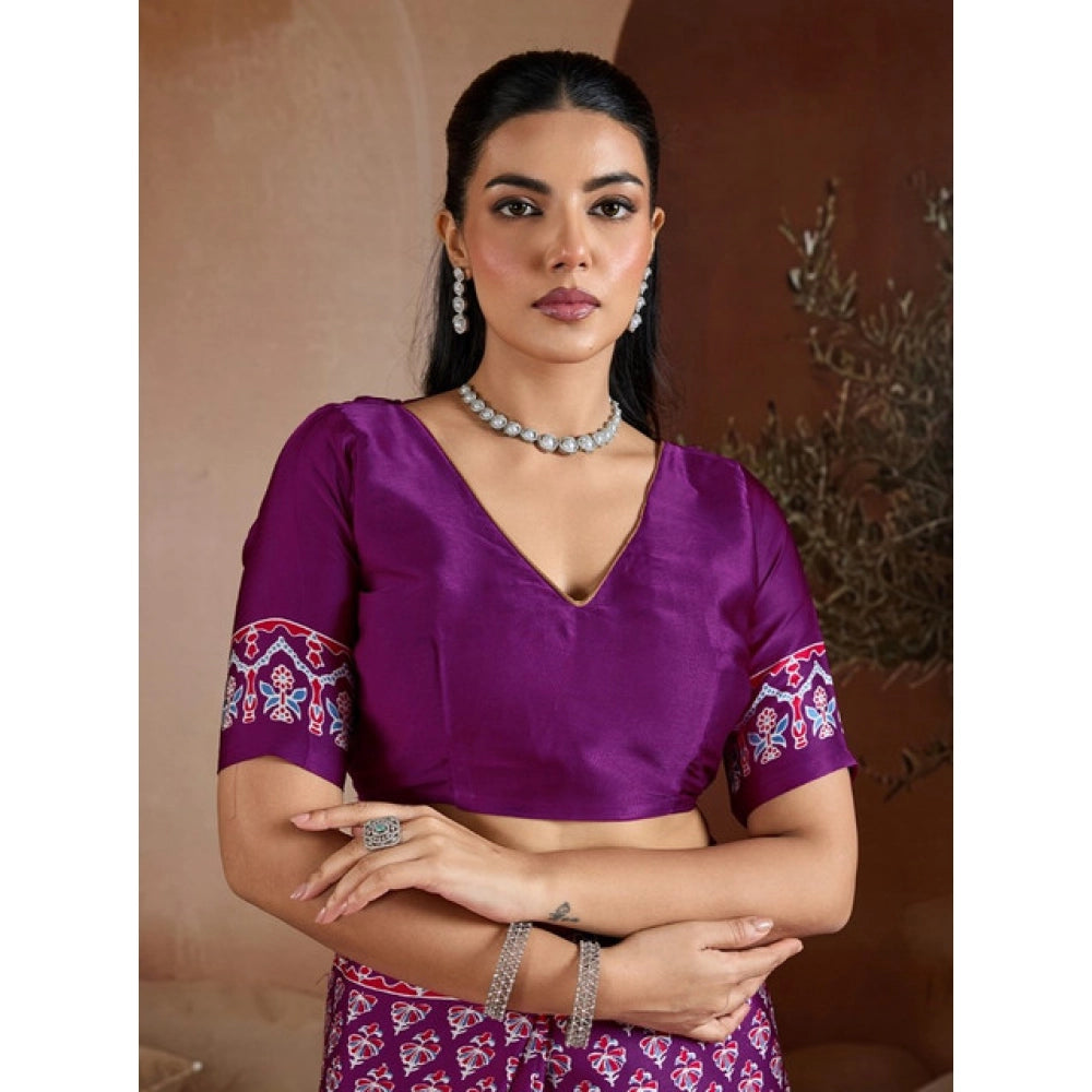 Seduva Women's Satin Crepe Printed Saree With Unstitched Blouse 5.5Mtr (Purple)