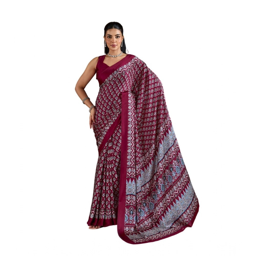 Seduva Women's Satin Crepe Printed Saree With Unstitched Blouse 5.5Mtr (Maroon)
