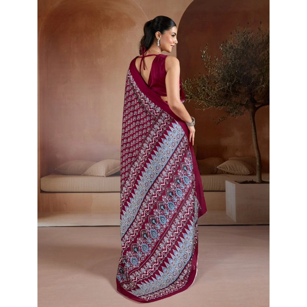 Seduva Women's Satin Crepe Printed Saree With Unstitched Blouse 5.5Mtr (Maroon)
