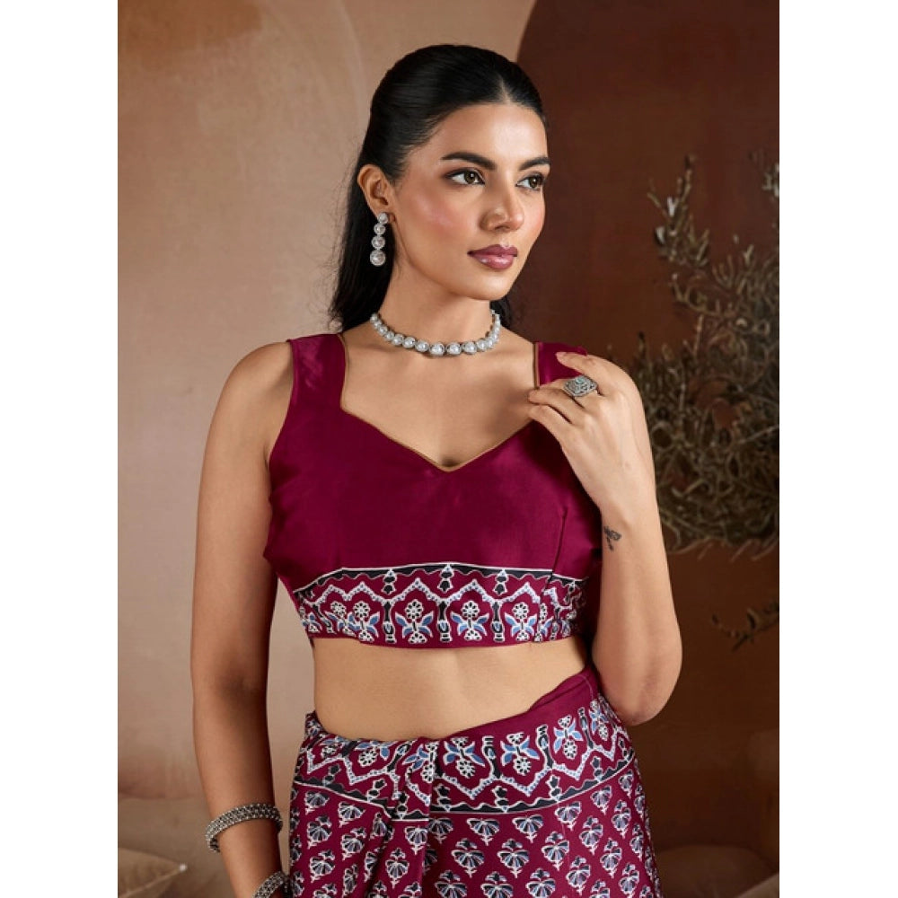 Seduva Women's Satin Crepe Printed Saree With Unstitched Blouse 5.5Mtr (Maroon)