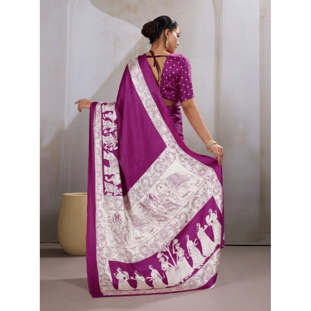 Seduva Women's Satin Crepe Printed Saree With Unstitched Blouse 5.5Mtr (Purple)
