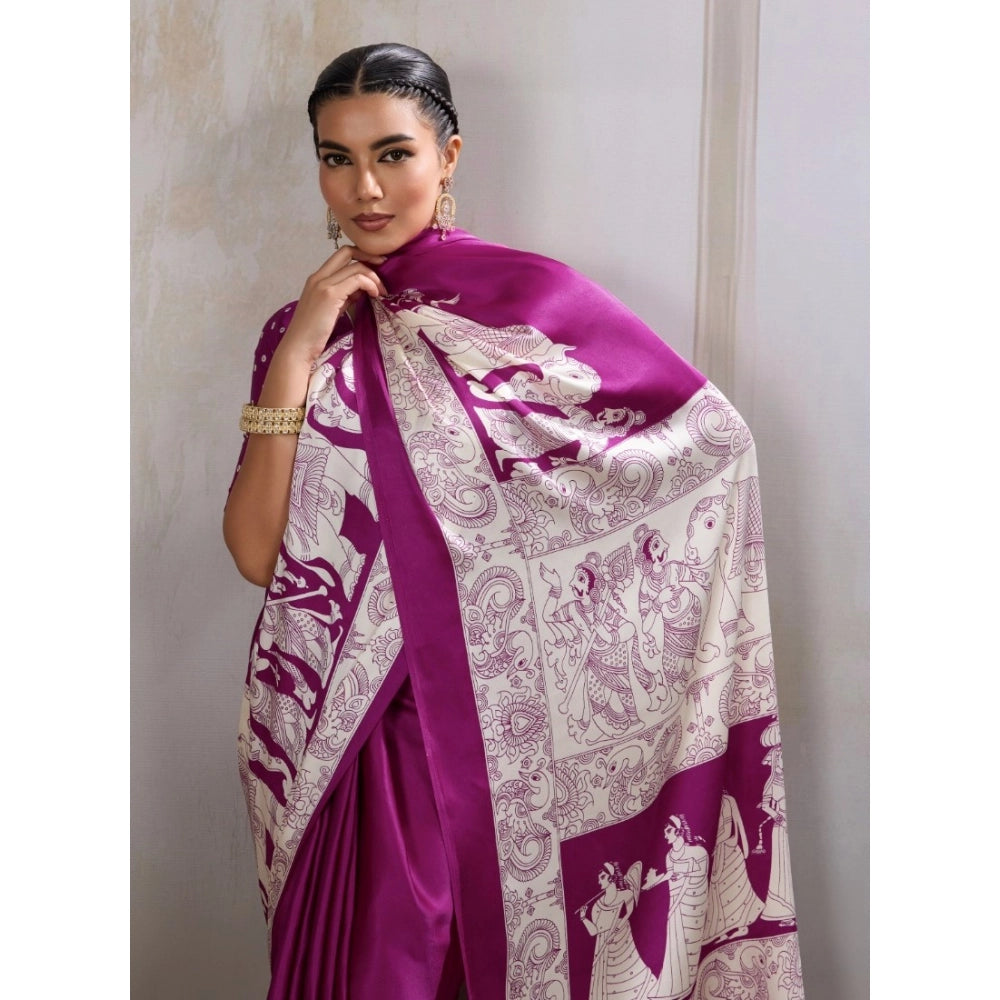 Seduva Women's Satin Crepe Printed Saree With Unstitched Blouse 5.5Mtr (Purple)