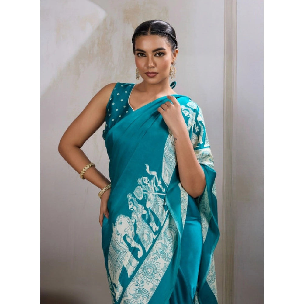 Seduva Women's Satin Crepe Printed Saree With Unstitched Blouse 5.5Mtr (Sky Blue)