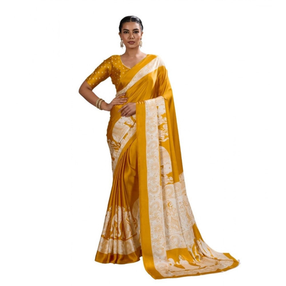Seduva Women's Satin Crepe Printed Saree With Unstitched Blouse 5.5Mtr (Mustard)