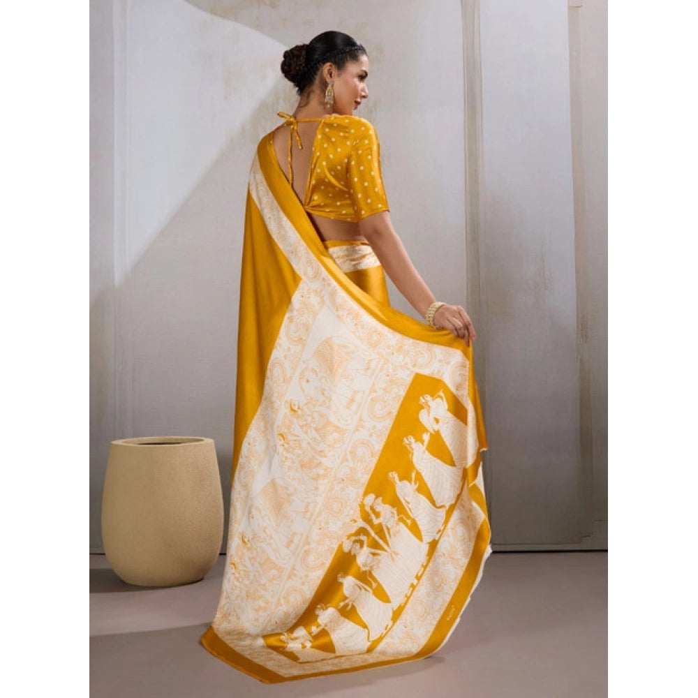 Seduva Women's Satin Crepe Printed Saree With Unstitched Blouse 5.5Mtr (Mustard)