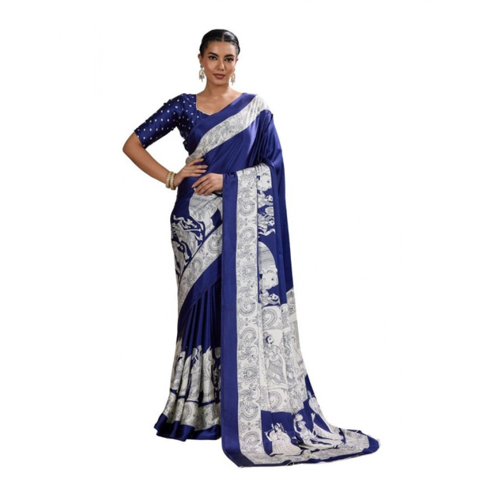 Seduva Women's Satin Crepe Printed Saree With Unstitched Blouse 5.5Mtr (Blue)