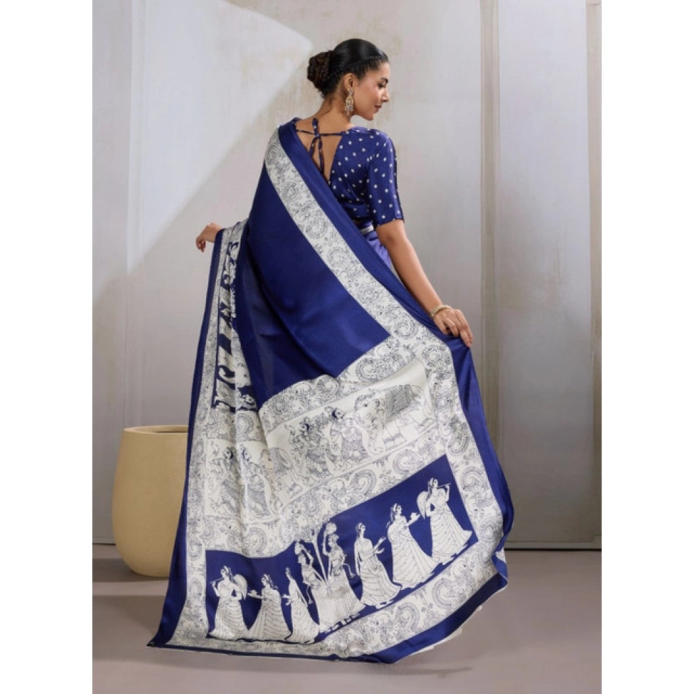 Seduva Women's Satin Crepe Printed Saree With Unstitched Blouse 5.5Mtr (Blue)