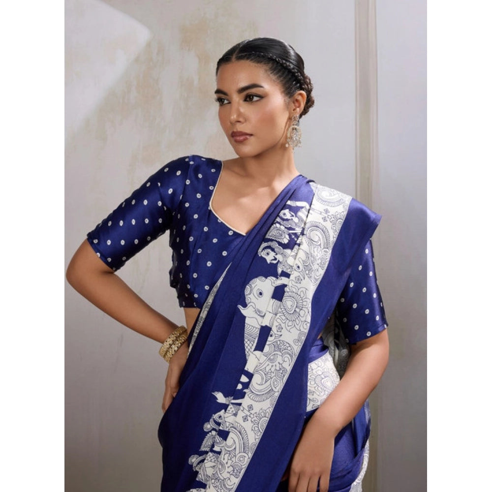 Seduva Women's Satin Crepe Printed Saree With Unstitched Blouse 5.5Mtr (Blue)