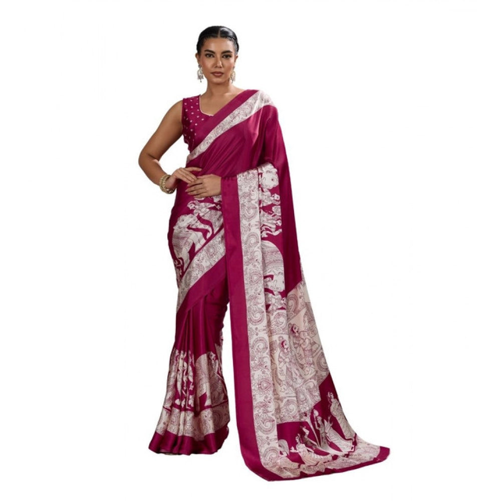 Seduva Women's Satin Crepe Printed Saree With Unstitched Blouse 5.5Mtr (Maroon)