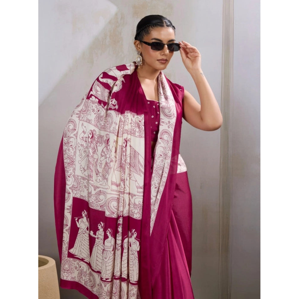 Seduva Women's Satin Crepe Printed Saree With Unstitched Blouse 5.5Mtr (Maroon)