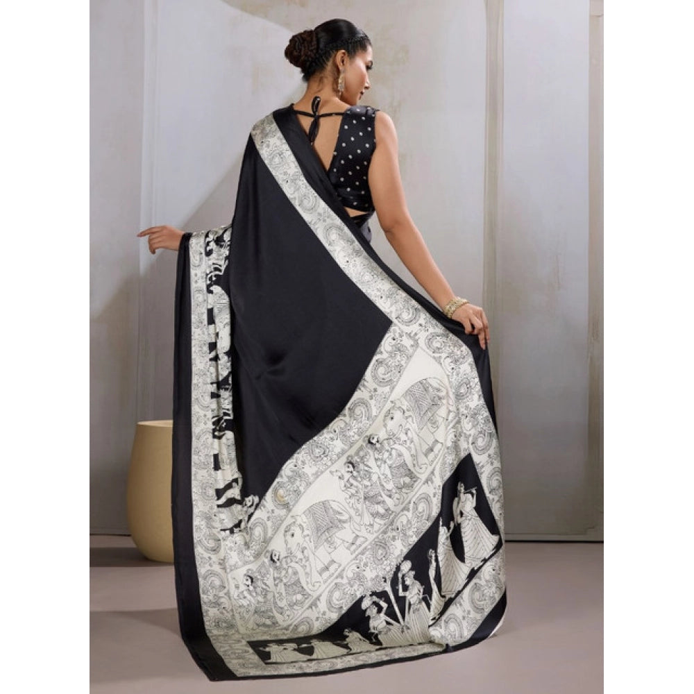 Seduva Women's Satin Crepe Printed Saree With Unstitched Blouse 5.5Mtr (Black)