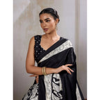 Seduva Women's Satin Crepe Printed Saree With Unstitched Blouse 5.5Mtr (Black)