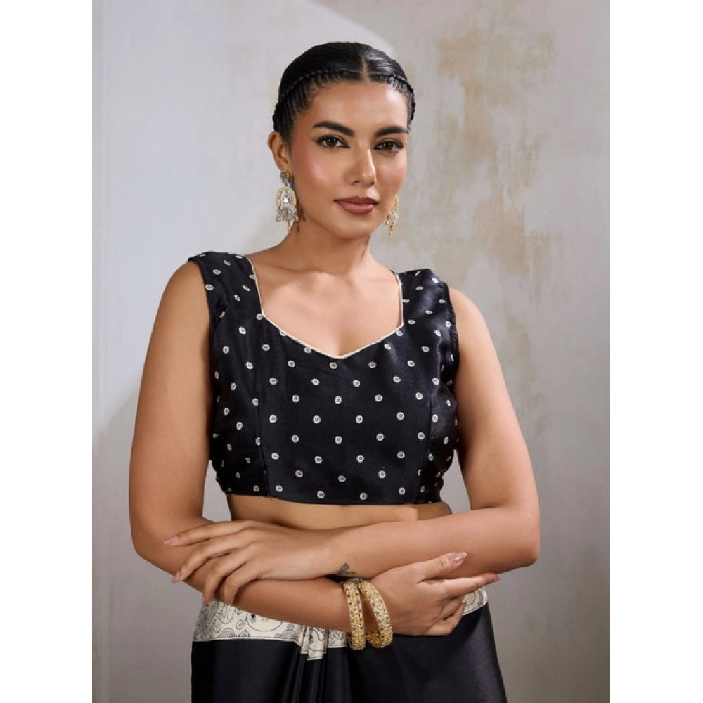 Seduva Women's Satin Crepe Printed Saree With Unstitched Blouse 5.5Mtr (Black)