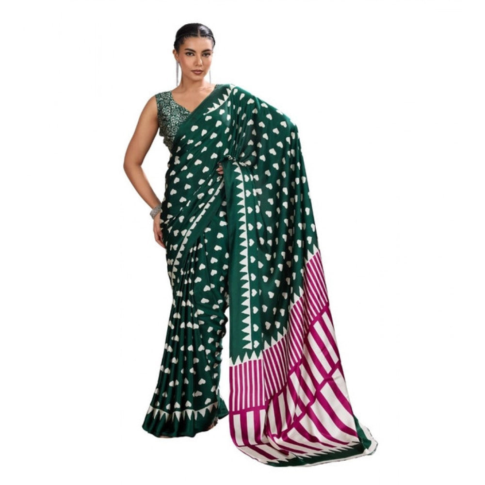 Seduva Women's Satin Crepe Printed Saree With Unstitched Blouse 5.5Mtr (Bottle Green)