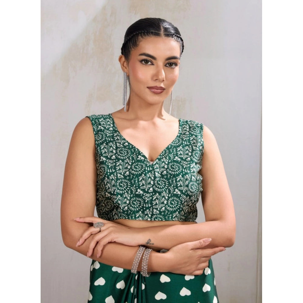 Seduva Women's Satin Crepe Printed Saree With Unstitched Blouse 5.5Mtr (Bottle Green)