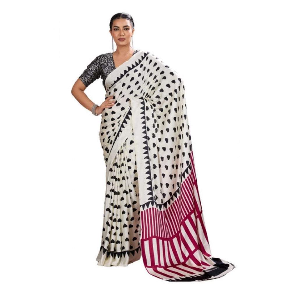 Seduva Women's Satin Crepe Printed Saree With Unstitched Blouse 5.5Mtr (White)
