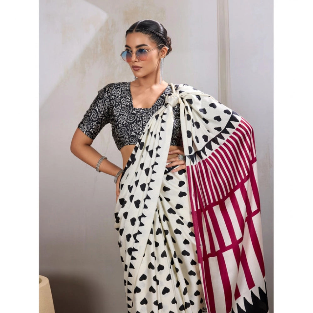 Seduva Women's Satin Crepe Printed Saree With Unstitched Blouse 5.5Mtr (White)