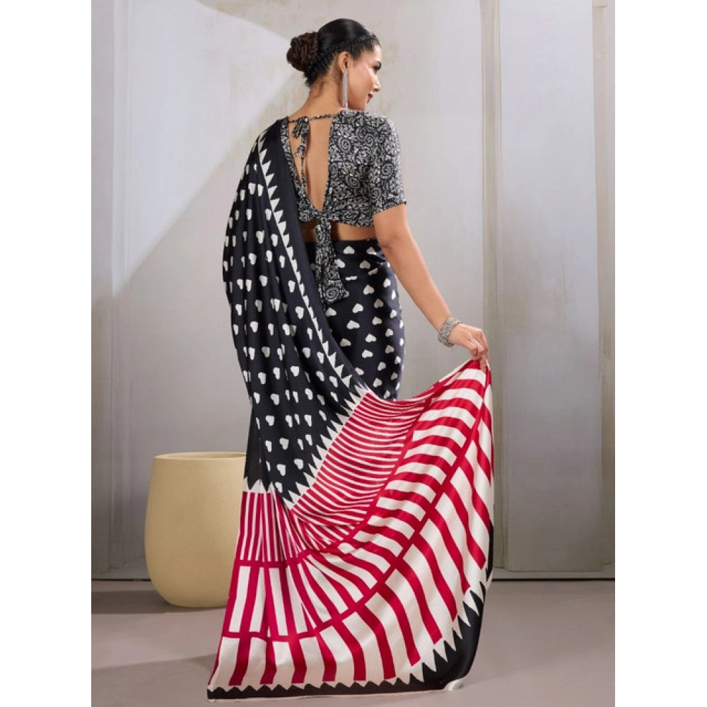 Seduva Women's Satin Crepe Printed Saree With Unstitched Blouse 5.5Mtr (Black)
