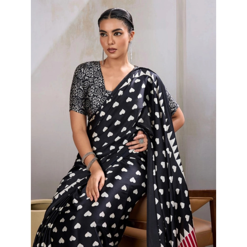 Seduva Women's Satin Crepe Printed Saree With Unstitched Blouse 5.5Mtr (Black)