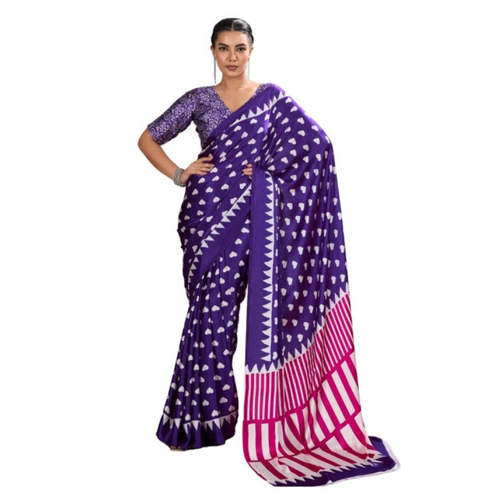 Seduva Women's Satin Crepe Printed Saree With Unstitched Blouse 5.5Mtr (Navy Blue)