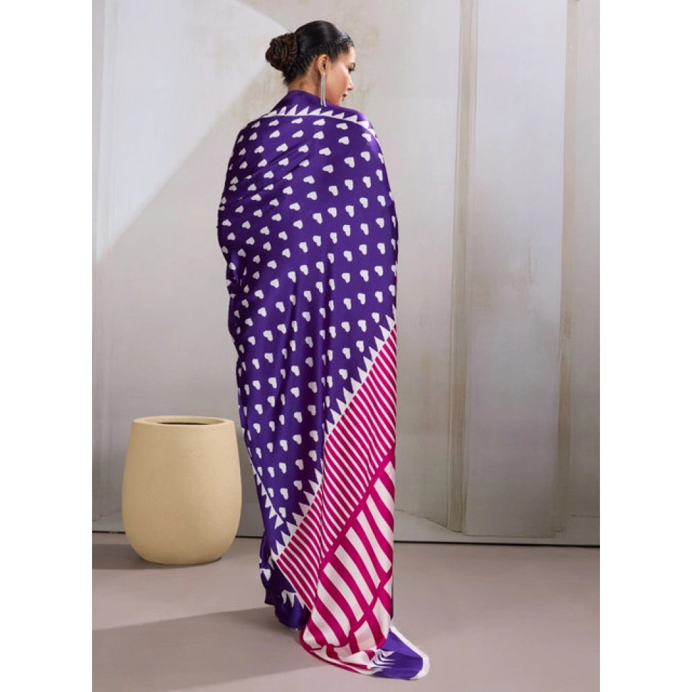 Seduva Women's Satin Crepe Printed Saree With Unstitched Blouse 5.5Mtr (Navy Blue)