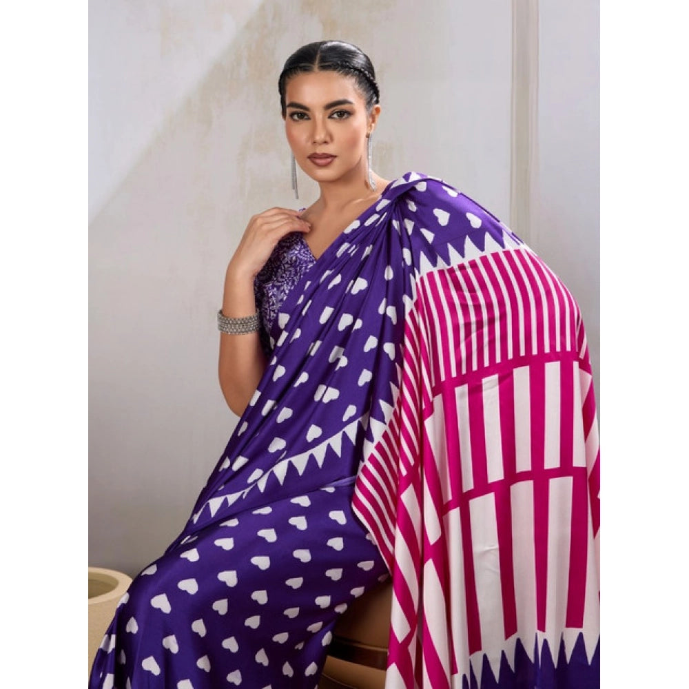 Seduva Women's Satin Crepe Printed Saree With Unstitched Blouse 5.5Mtr (Navy Blue)