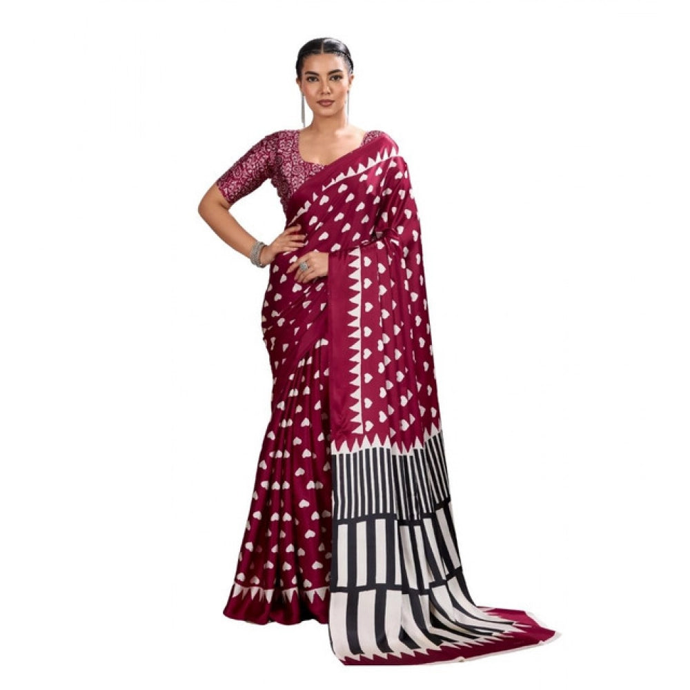 Seduva Women's Satin Crepe Printed Saree With Unstitched Blouse 5.5Mtr (Maroon)
