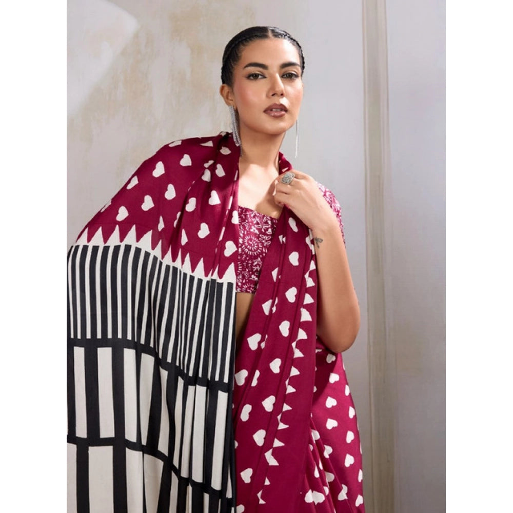 Seduva Women's Satin Crepe Printed Saree With Unstitched Blouse 5.5Mtr (Maroon)