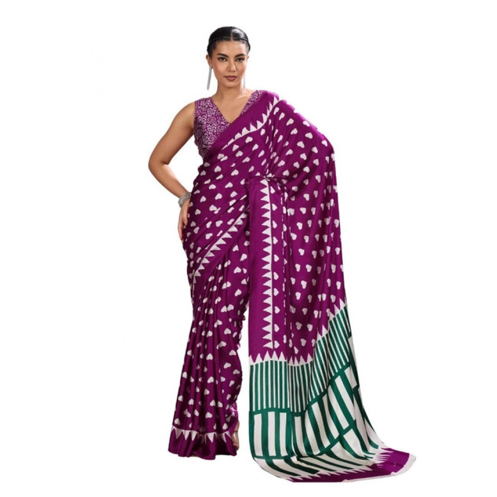 Seduva Women's Satin Crepe Printed Saree With Unstitched Blouse 5.5Mtr (Purple)