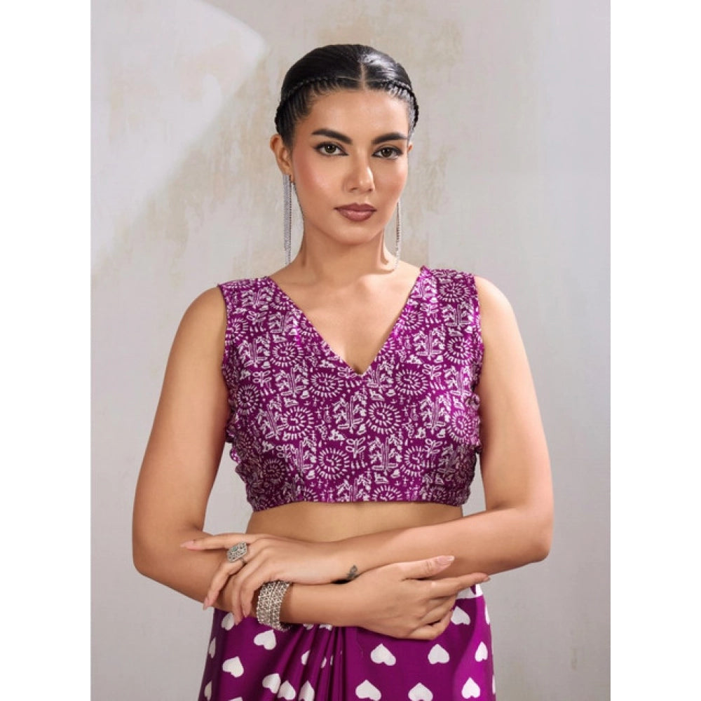 Seduva Women's Satin Crepe Printed Saree With Unstitched Blouse 5.5Mtr (Purple)