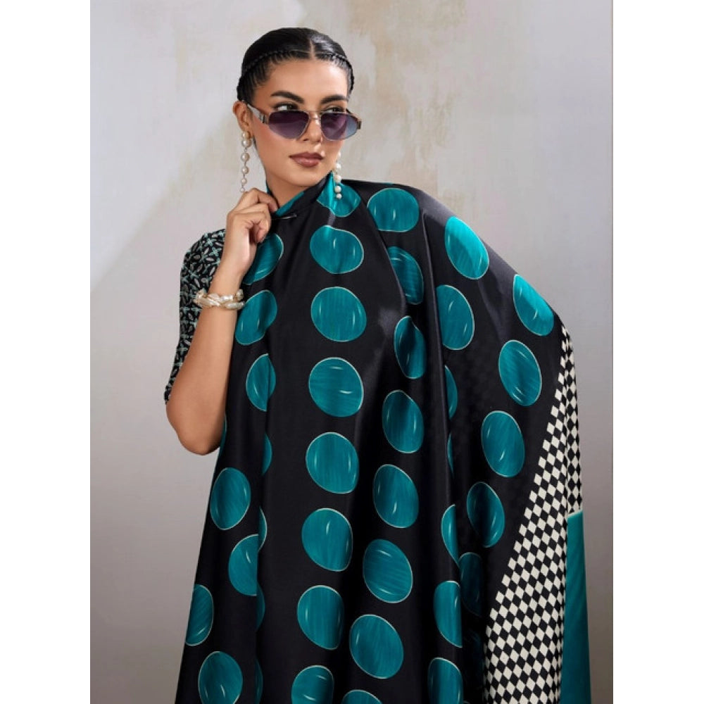 Seduva Women's Satin Crepe Printed Saree With Unstitched Blouse 5.5Mtr (Black)