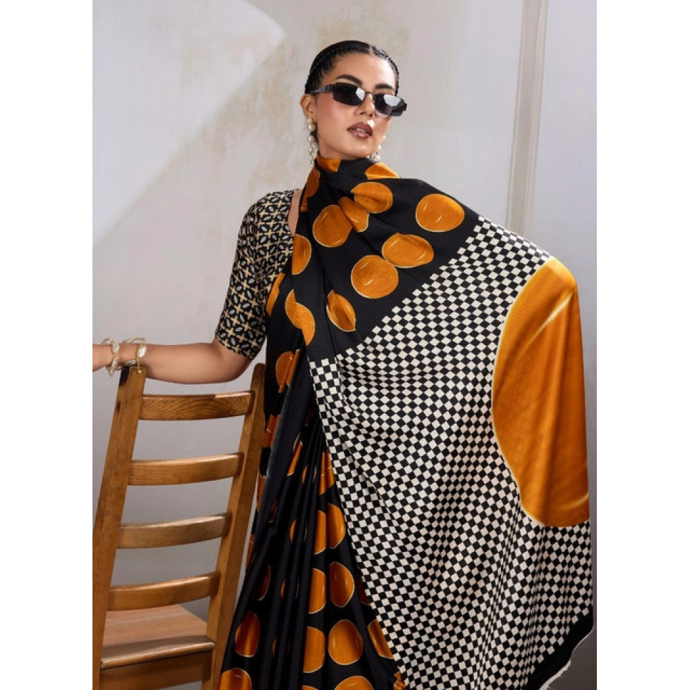Seduva Women's Satin Crepe Printed Saree With Unstitched Blouse 5.5Mtr (Mustard)