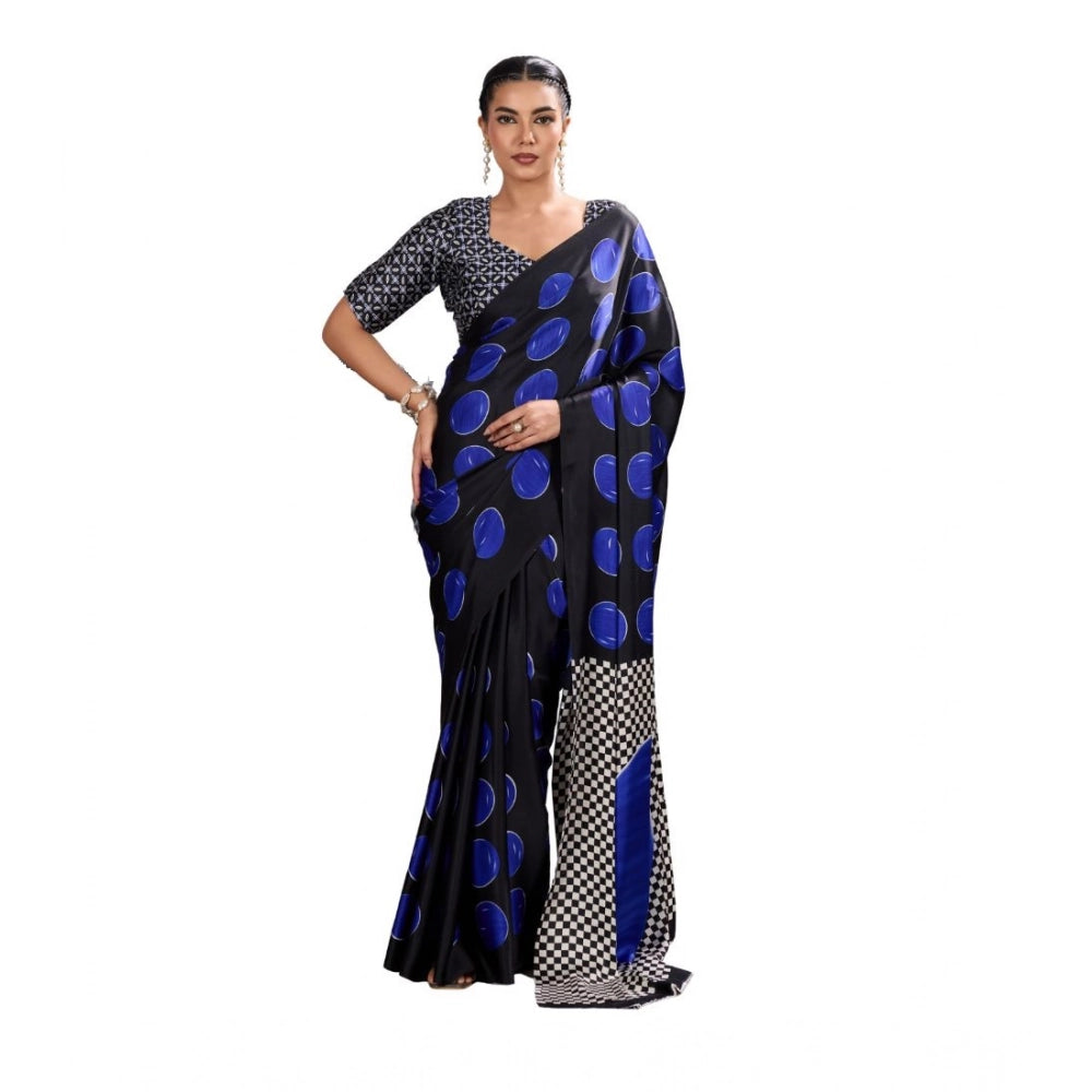 Seduva Women's Satin Crepe Printed Saree With Unstitched Blouse 5.5Mtr (Blue)