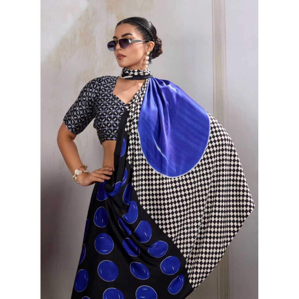 Seduva Women's Satin Crepe Printed Saree With Unstitched Blouse 5.5Mtr (Blue)