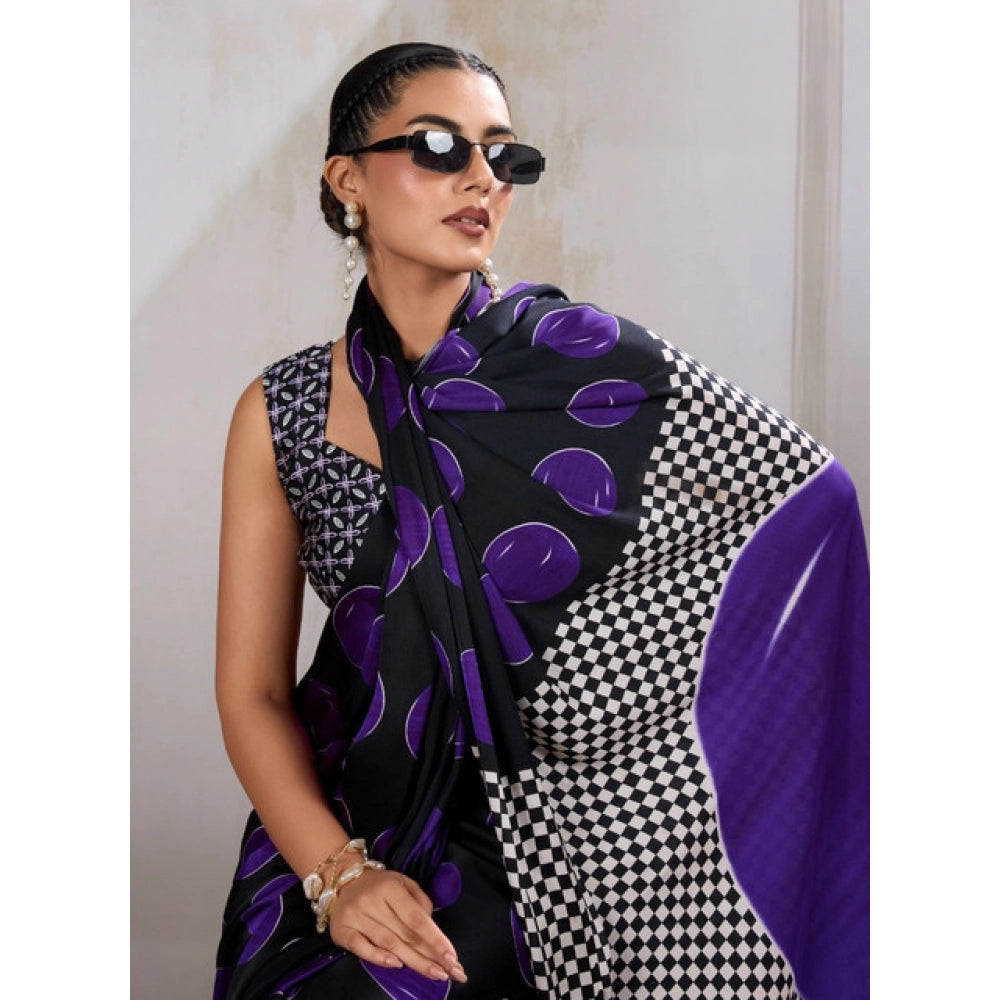 Seduva Women's Satin Crepe Printed Saree With Unstitched Blouse 5.5Mtr (Purple)
