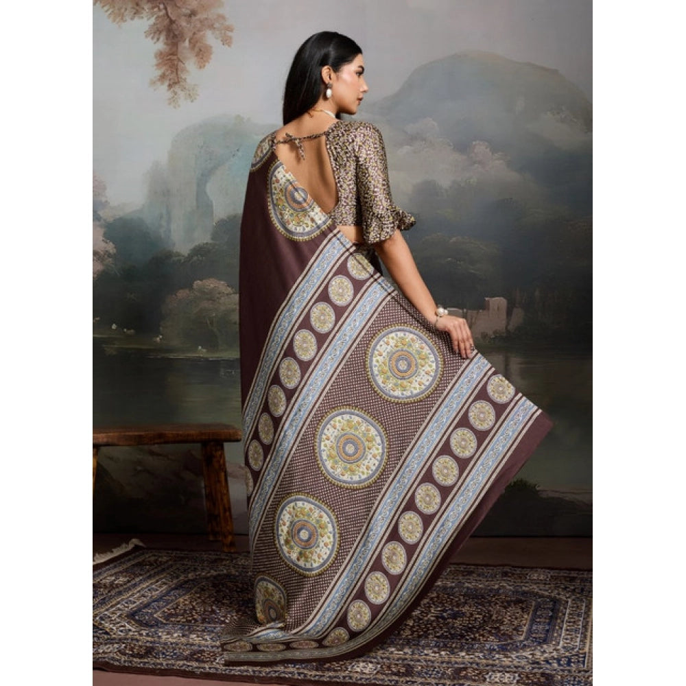 Seduva Women's Satin Crepe Printed Saree With Unstitched Blouse 5.5Mtr (Brown)