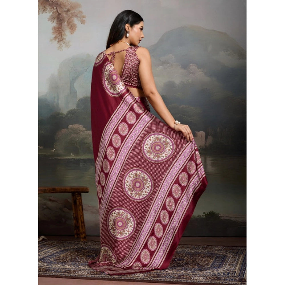 Seduva Women's Satin Crepe Printed Saree With Unstitched Blouse 5.5Mtr (Maroon)