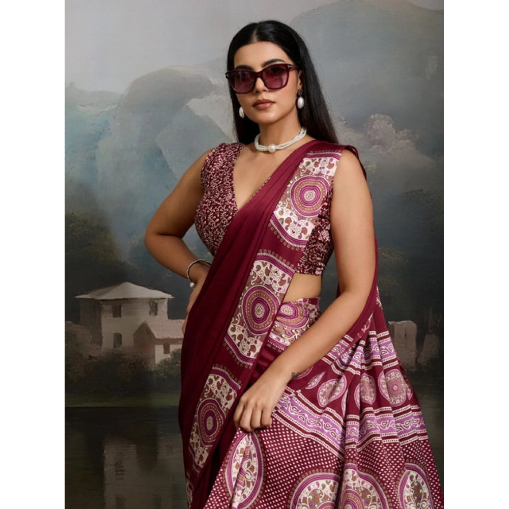 Seduva Women's Satin Crepe Printed Saree With Unstitched Blouse 5.5Mtr (Maroon)