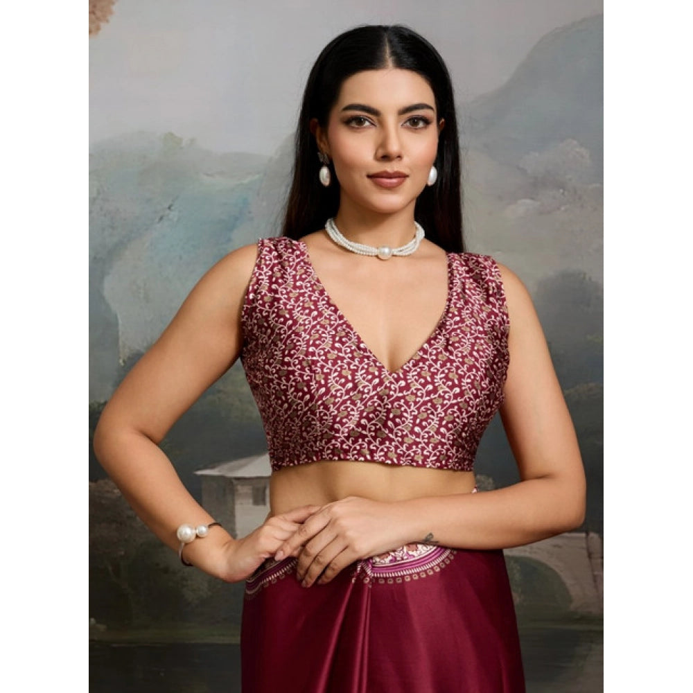 Seduva Women's Satin Crepe Printed Saree With Unstitched Blouse 5.5Mtr (Maroon)