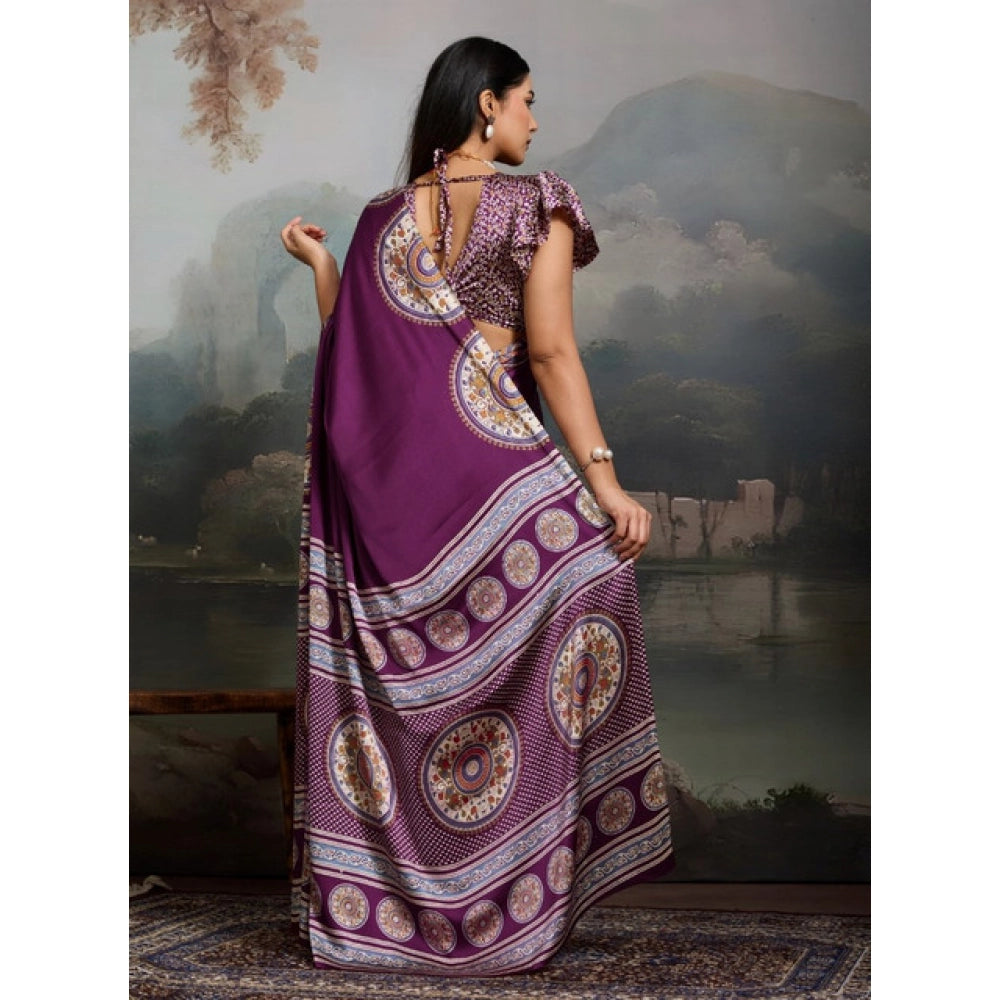 Seduva Women's Satin Crepe Printed Saree With Unstitched Blouse 5.5Mtr (Purple)