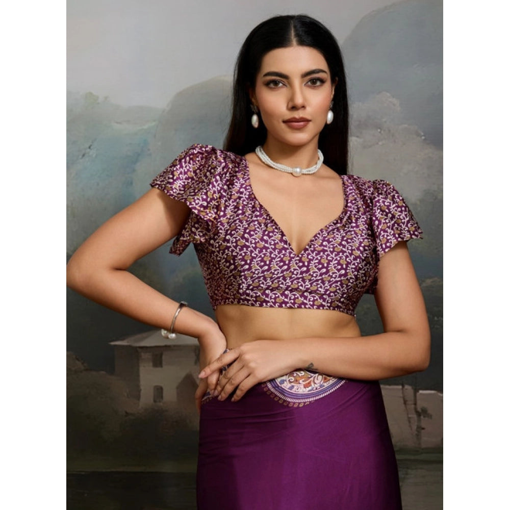 Seduva Women's Satin Crepe Printed Saree With Unstitched Blouse 5.5Mtr (Purple)