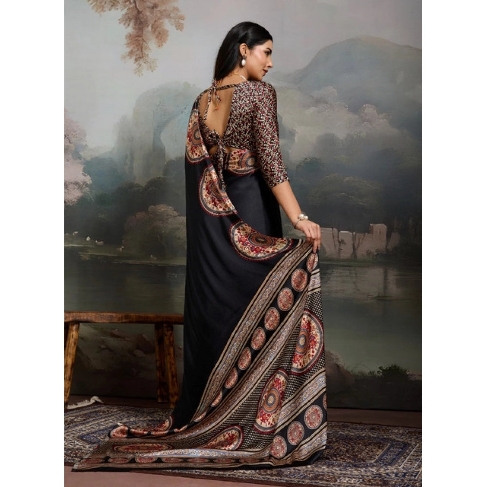 Seduva Women's Satin Crepe Printed Saree With Unstitched Blouse 5.5Mtr (Black)
