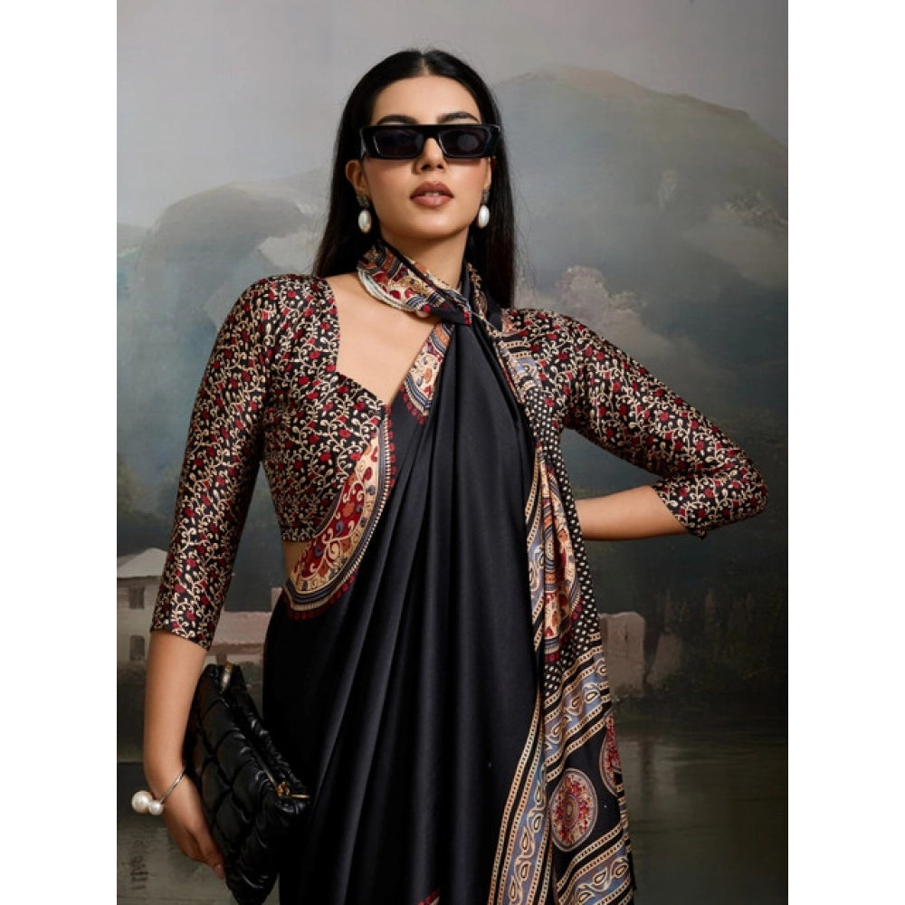 Seduva Women's Satin Crepe Printed Saree With Unstitched Blouse 5.5Mtr (Black)
