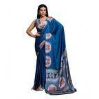 Seduva Women's Satin Crepe Printed Saree With Unstitched Blouse 5.5Mtr (Blue)