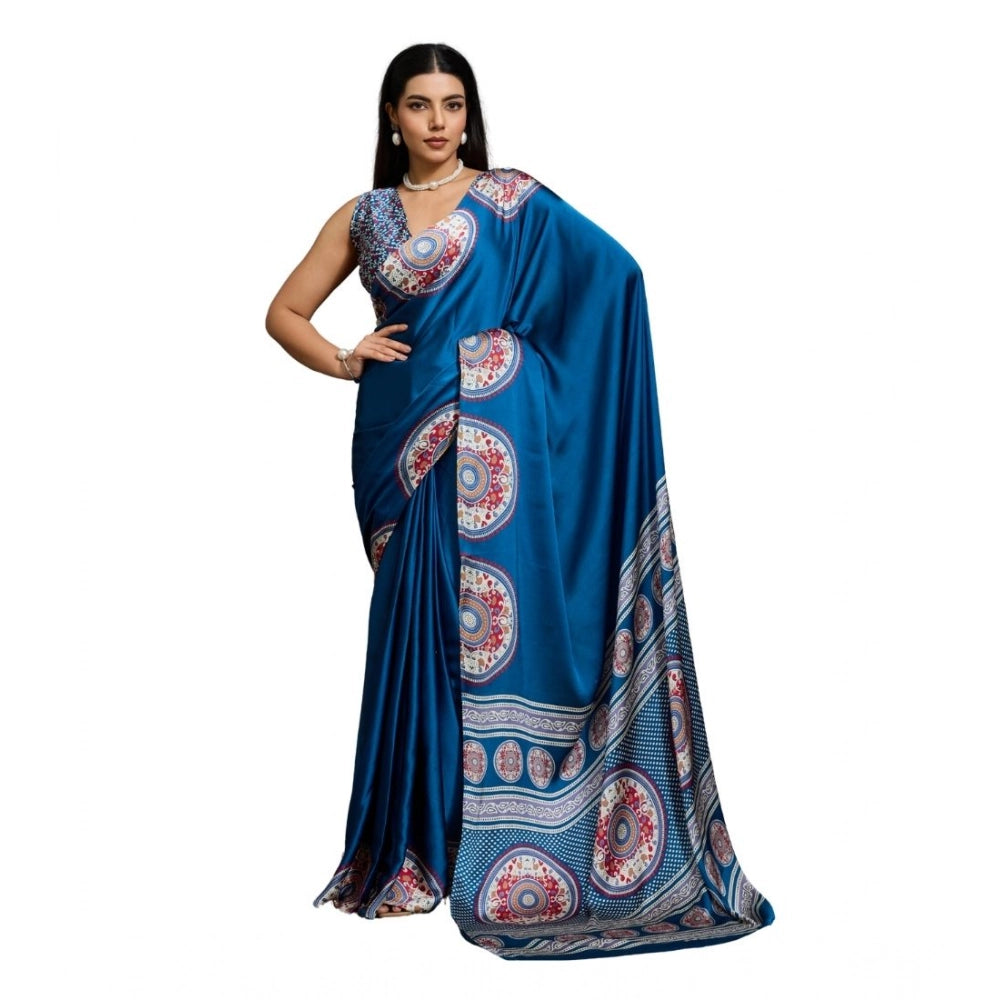 Seduva Women's Satin Crepe Printed Saree With Unstitched Blouse 5.5Mtr (Blue)