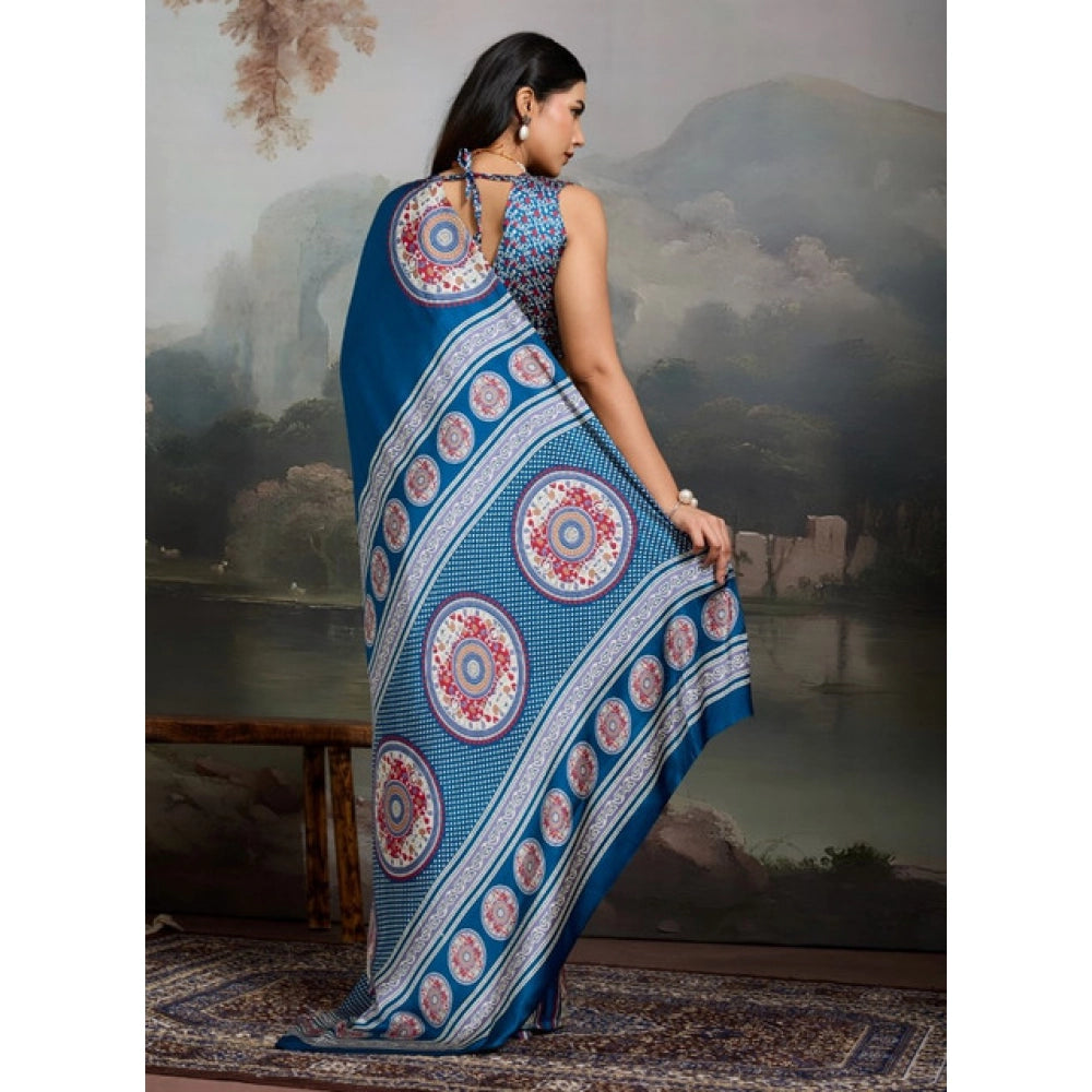 Seduva Women's Satin Crepe Printed Saree With Unstitched Blouse 5.5Mtr (Blue)