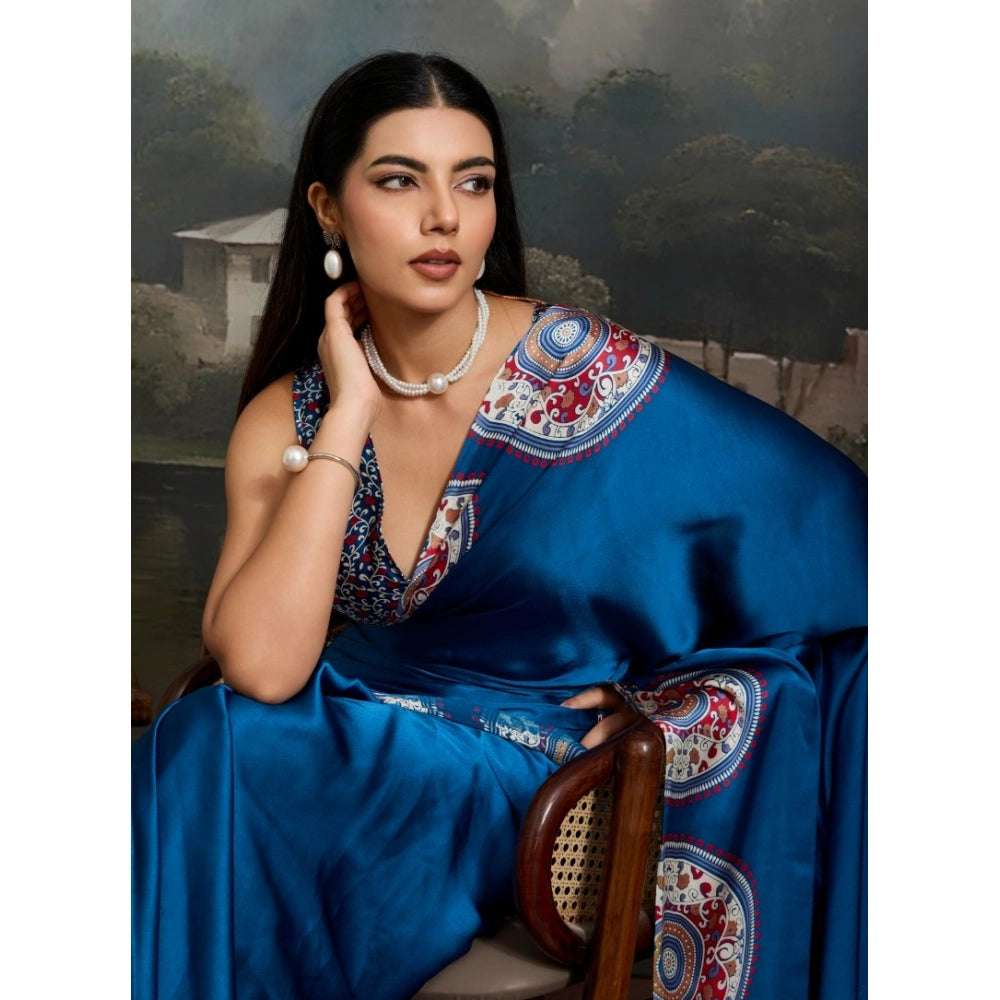 Seduva Women's Satin Crepe Printed Saree With Unstitched Blouse 5.5Mtr (Blue)