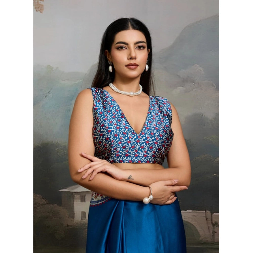 Seduva Women's Satin Crepe Printed Saree With Unstitched Blouse 5.5Mtr (Blue)