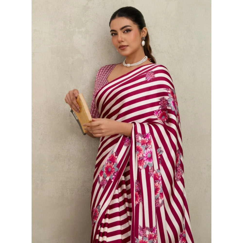 Seduva Women's Satin Crepe Printed Saree With Unstitched Blouse 5.5Mtr (Maroon)